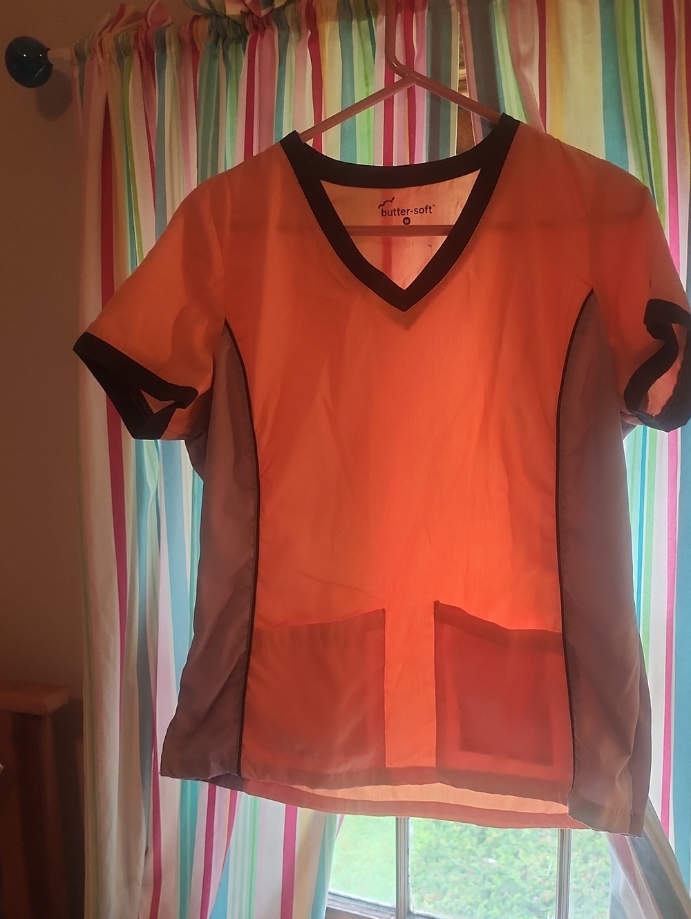 Butter Orange V-Neck Short Sleeve Scrub Top with Gray Panels